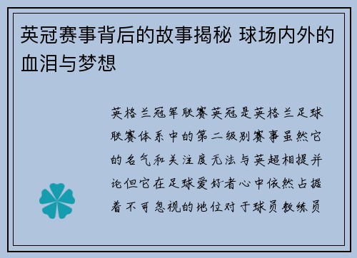 英冠赛事背后的故事揭秘 球场内外的血泪与梦想 英冠赛事背后的故事揭秘 球场内外的血泪与梦想